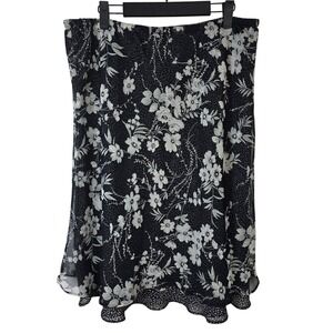 Notations XL Black Floral Polka Dot Chiffon Midi‎ Skirt Women's 90s